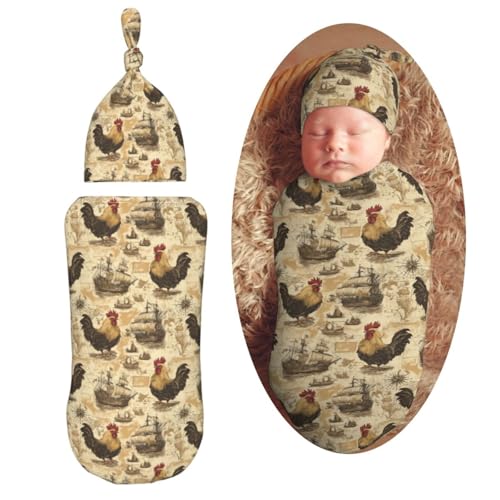 Image of Chickens Maps and Ships Newborn Swaddle Blankets Hat Sets Soft Baby Receiving Blanket Swaddle Sack for Baby Shower Infant Boy Girl Gift