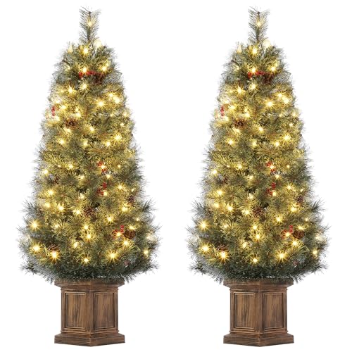 GAOMON 4.5ft Christmas Tree 2 Set with 100 Warm White Led Lights, Pre-Lit Snow Flocked Christmas Tree with Vintage Potted Base, Holiday Xmas Tree with Red Berries, Decoration for Home, Entrances