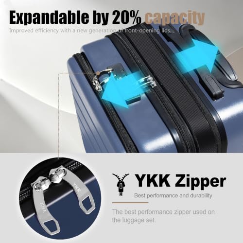 Image of KEYTANG SmileLine 3-Piece Luggage Set Lightweight Hardside Suitcase TSA Lock Spinner Wheels, 20 inch Expandable Carry-On Luggage with Quick Access Front Open Pocket, Bonus Makeup Bag,Navy Blue