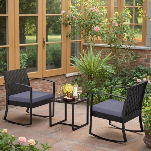 Image of Greesum 3 Pieces Outdoor Furniture Set Patio Bistro Rocking Chairs with Glass Coffee Table for Pool Beach Backyard Balcony Porch Deck Garden, Gray