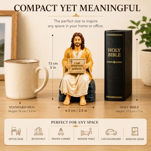 Image of Jesus Christ Statue, Handcrafted & Hand-Painted Resin Figurine with I Am with You Always Plaque, Christian Home Decor, Christian Gift for Home, Office & Prayer Room