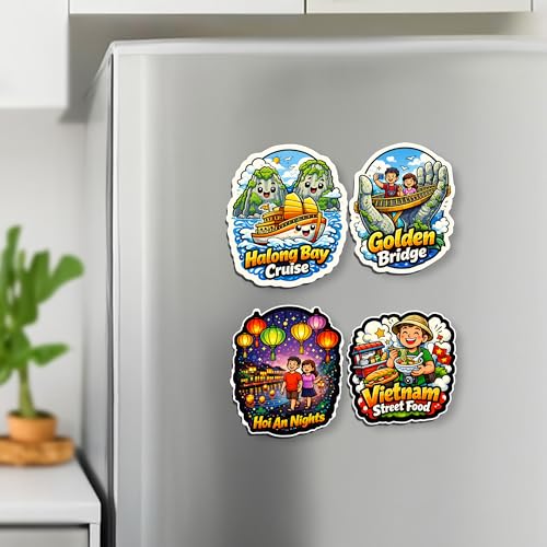 Image of Regalo Casila Vietnam Tourism Souvenir Fridge Magnets Set of 4 Halong Bay Cruise Golden Bridge Hoi an Nights Vietnam Street Food Cute Refrigerator Magnets Travel Gift