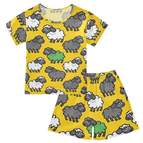 ALAZA Cartoon Sheep Yellow Pajamas Short Sleeve 2 Piece Sleepwear Top and Bottom Pajama Set Unisex