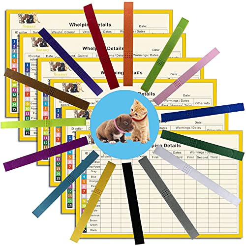 Puppy Collars for Litter, Hommay 15 Colors Puppy Collars for Small Puppies, Premium Puppy ID Collars, Whelping Collars for Newborn Puppies and Kittens with 6Pcs Record Keeping Charts