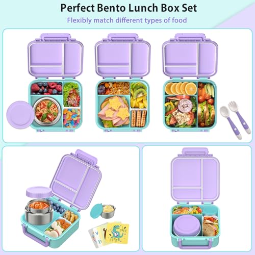 Image of Kids Bento Lunch Box with 9oz Soup Thermo Leakproof Lunch Food Containers 4 Compartment with Insulated Hot Food Jar for Kid Toddler Girls Boys to School, Trvael