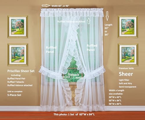 Image of Today's Curtain, Emelia Priscilla Sheer Pair 96 inch W x 84 inch L, White, 5-Piece-Set