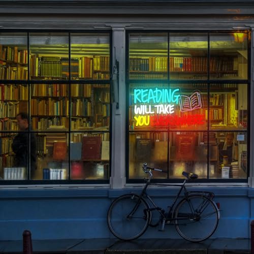 Image of Read Neon Sign Reading Will Take You Everywhere Neon Signs, Read Books Neon Light for Wall Decor, Dimmable Student LED Neon Light Up Sign for Classroom Bedroom Bookstore Library Study Room Decoration Kids Presents