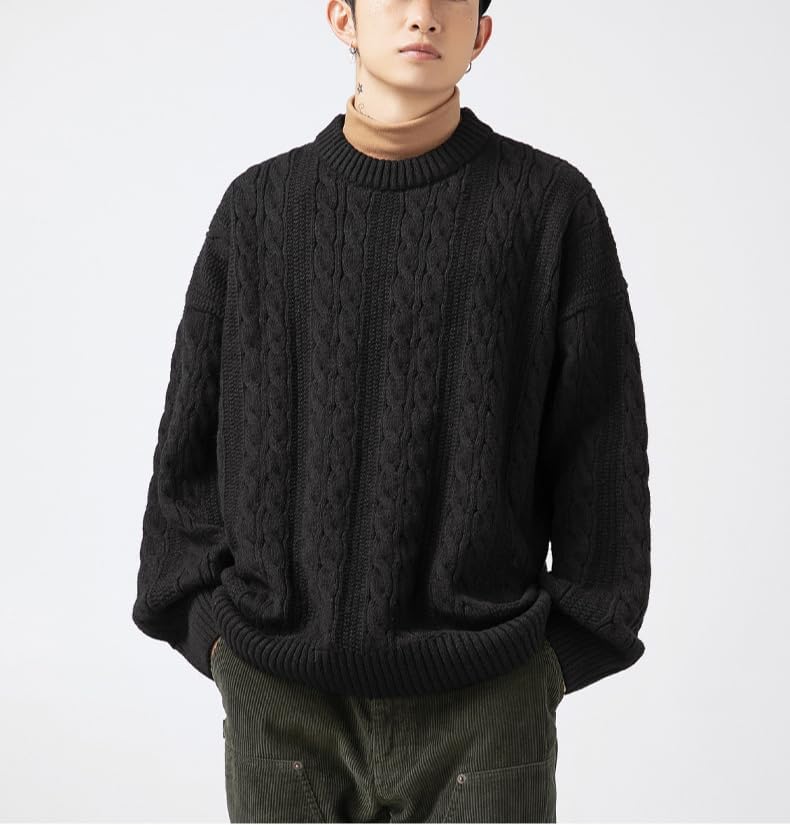 POHADON Mens Vintage Cable Knit Sweater Vintage Chunky Crewneck Long Sleeve Oversized Pullover 2026 Fall Winter Sweatshirts - Image 2