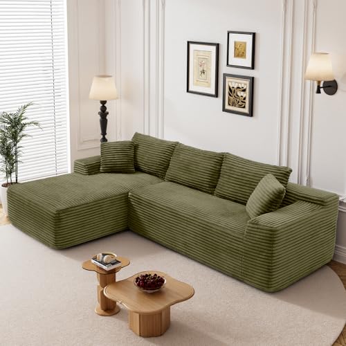 Image of 95 inch L Shaped Boneless Sectional Couches, Wide Armrest, Deep Seat, Memory Foam, Assembly Free, Modern Comfy Corduroy Fluffy Cloud Sofa with Left Chaise for Living Room, Small Spaces, Green