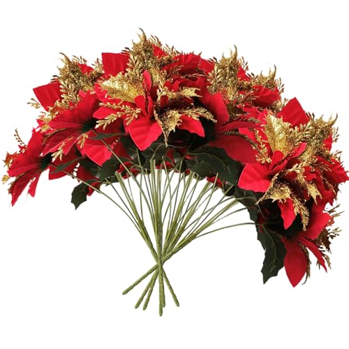 SMELEYOU Poinsettia Fleurs artificielles 6pcs 13, 8 Pouces Hauteur Fleurs de Noël réalistes Rouges artificiels pour la Maison de Noël à la Maison extérieure intérieure