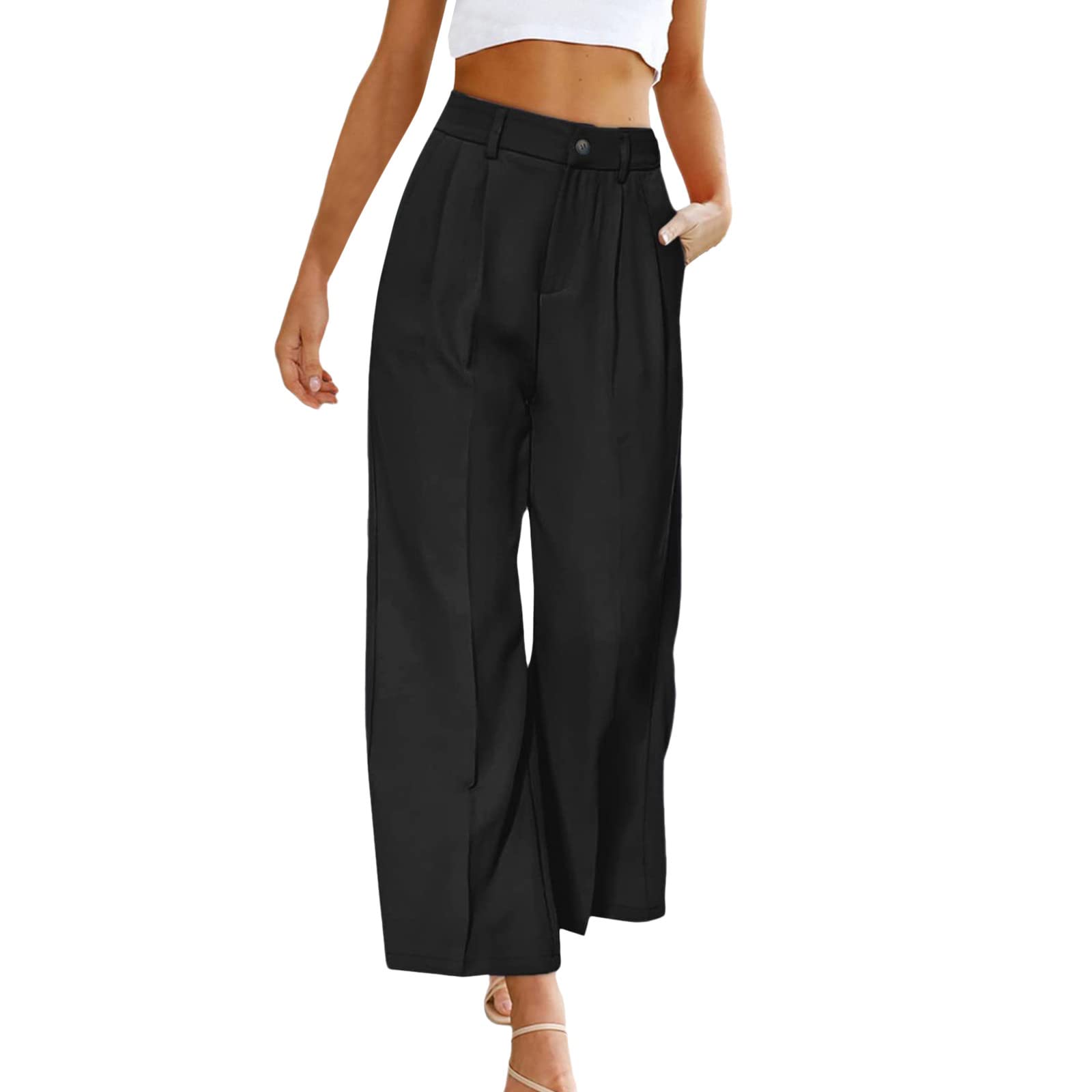 YOLAI Womens Casual Wide Leg Pants High Waisted Straight Leg Trousers Business Work Trousers with Pockets