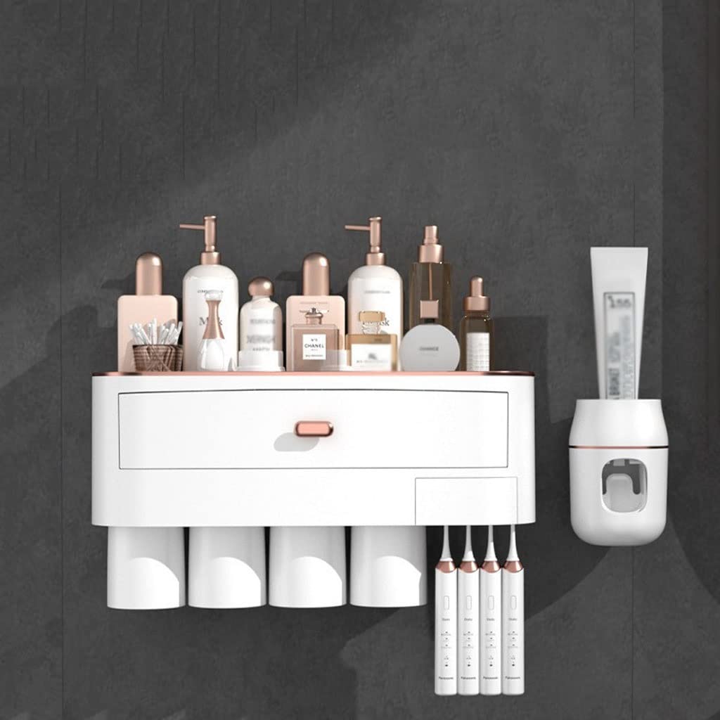 Soporte de Pared para cepillos de Dientes, Organizador de baño sin Perforaciones, con dispensador de Pasta de Dientes y Vaso para Enjuague bucal (A)