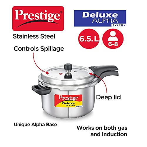 Prestige Deluxe Alpha Svachh 6.5 Litre Pressure Cooker| Anti-Bulge Base|Sturdy Handles|Cool Touch Weight|Induction Compatible-Silver