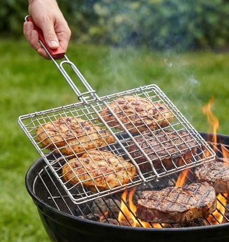 PANTH® Stainless Steel Portable Barbecue BBQ Grill Net Basket Roast Grilling Tray Plated with Wooden Handle Chromium Plated Stainless Steel Barbecue BBQ Grill Net Basket with Wooden Handle