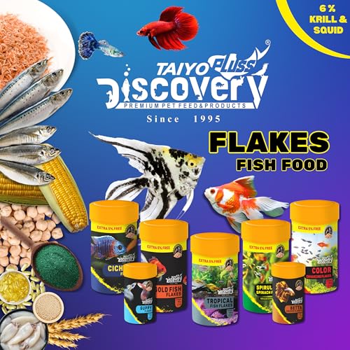 Image of Taiyo Pluss Discovery Betta Colour Mini Flakes Fish Food - 25 g (Pack of 1) | Premium Slow Sinking Diet for Fighter Fishes with Krill & Squid for Active Growth & Coloration