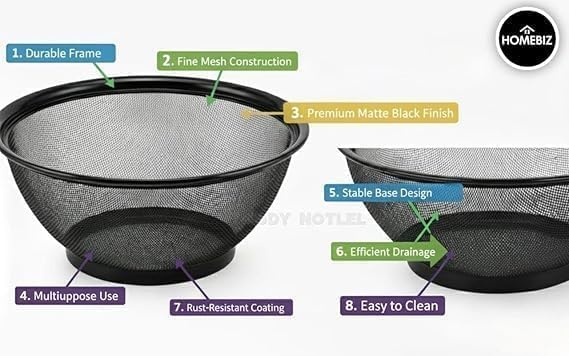 Image of Premium Stainless Steel Mesh Fruit & Vegetable Washing Basket - Multipurpose Strainer Bowl for Kitchen, Durable Rust-Free Colander in Variant Size (Black, 22,25&28CM)