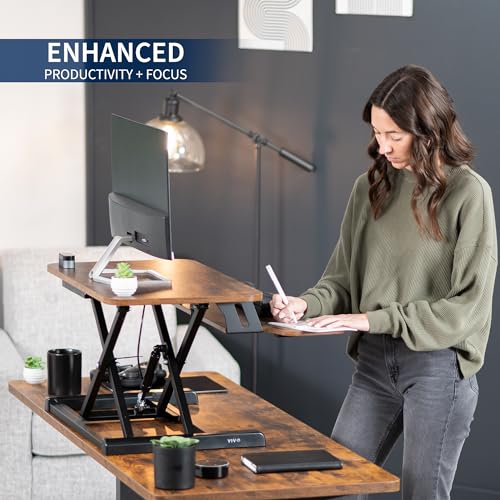 Image of VIVO 26 inch Desk Converter, K Series, Height Adjustable Sit to Stand Riser, Dual Monitor and Laptop Workstation with Keyboard Tray, Rustic Vintage Brown Top, Black Frame, DESK-V026KN