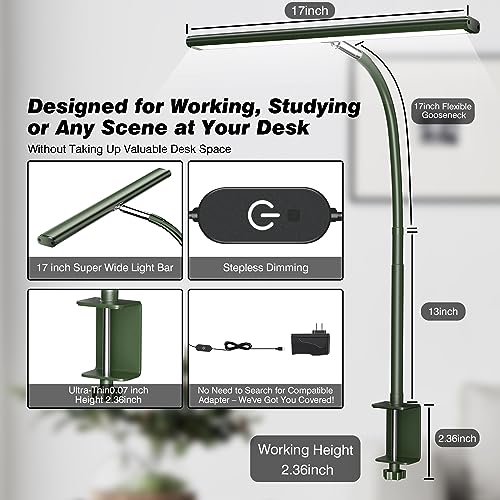 Image of Airlonv LED Desk Lamp for Office Home, Eye-Caring Desk Light with Stepless Dimming Adjustable Flexible Gooseneck, 10W USB Adapter Desk Lamp with Clamp for Reading, Study, Workbench (Green)