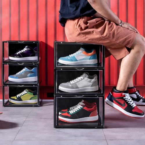 Image of NYALKARAN Shoe Storage Organizer Box for Sneakers - Transparent, Heavy Duty, Stackable with Magnetic Door - Large Plastic Shoe Box for Men & Women (Black, Pack of 1)