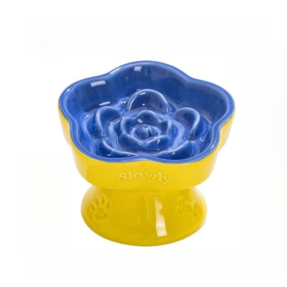 Raised Slow Feeder Cat Bowl, Ceramic Elevated Cat Food Bowl Small Dogs Slow Feeder Bowl, Cute Cat Bowl for Dry and Wet Food, 180ml (Petal slow food bowl, Yellow+blue)
