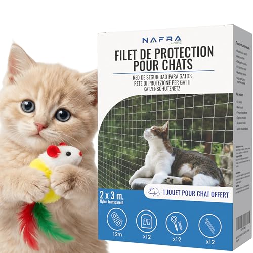 Nafra Home Filet Chat Balcon 2x3m Transparent – Protection Chat sans Percer ou avec Percage | Filet Fenetre Chat avec Kit Complet Inclus | Filet Securite...
