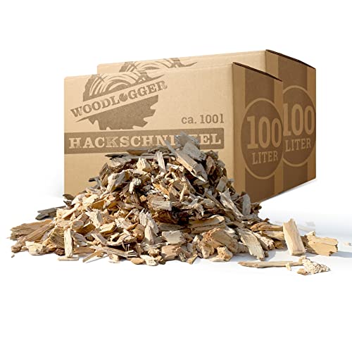 Woodlogger Hackschnitzel aus Kiefer 200 L | Holzhackschnitzel als Rindenmulch-Ersatz für den Garten | Verwendbar als Einstreu, Brennmaterial, Anzünder, Deko, Mulch & Fallschutz für den Spielplatz