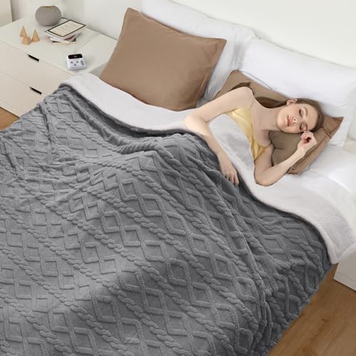 CAROMIO Electric Blanket Queen Size Dual Control - Thick Tufted Sherpa Heated Blanket Queen with 10 Heating Levels and 10 Time Settings, ETL Certified Fast Heating Blanket Queen Size 84"×90", Grey