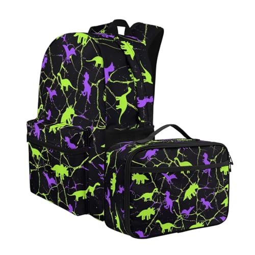 Green Purple Dinosaur Print Dinosaur Pattern Kids Backpack Set 2pcs School Bookbag with Lunch Box for Boys Girls2