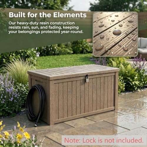 Image of 185 Gallon Deck Box Outdoor Storage, Weatherproof Resin Patio Container for Cushions Garden Tools Pool Accessories, Lockable Lid with Handles, Bench Seat for Yard Patio Garage