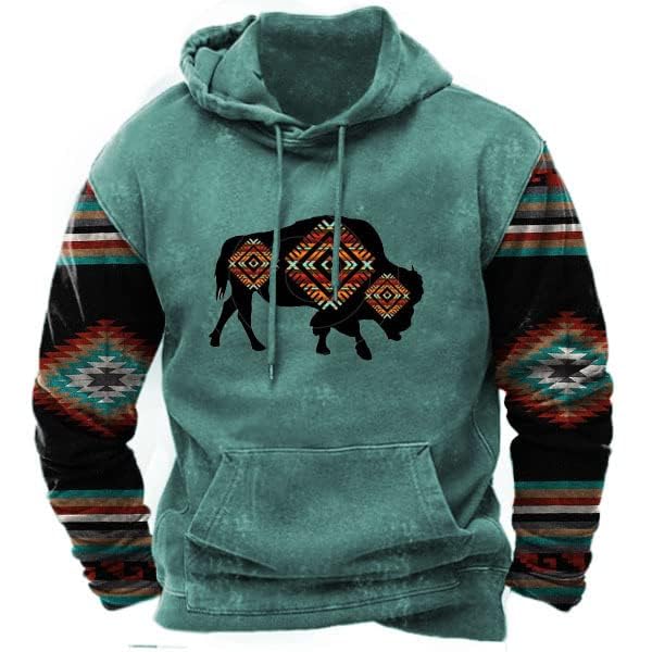 PORCLAY Cowboy Hoodie for Men Western Aztec Hooded Sweatshirt Country Graphic Print Oversized Pullover Shirts with Pocket