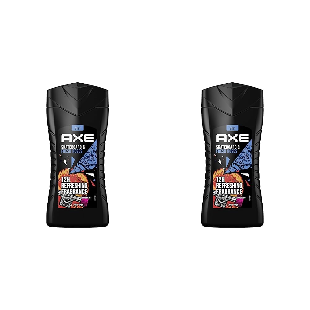 Axe Skateboard & Fresh Roses 3in1 Duschgel Herren Body Hair Face 12h frischen Duft auf Pflanzenbasis (1 x 250 ml) (Packung mit 2)
