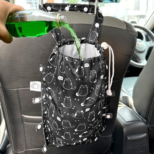 FLOCK THREE Leak-Proof Waterproof Car Trash Bag Foldable Multipurpose Trash bin Container Storage Cute Grocery Organizer Bag for Automotive Front or Back Seat in Cars SUVs and Trucks (Cute Cats)