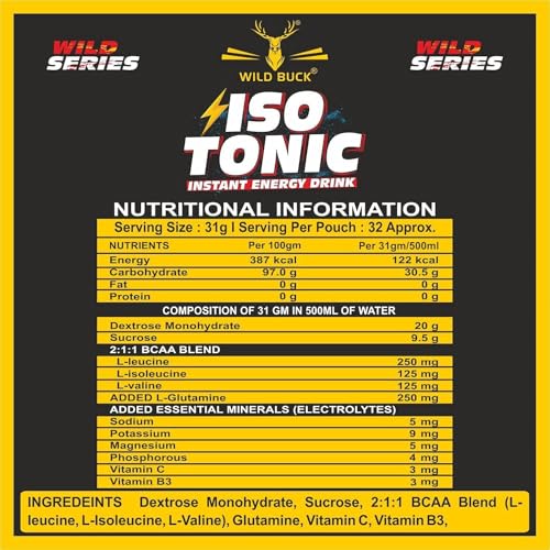 Image of Wild Buck Isotonic Instant Energy Drink Formula, Extended Workout Electrolyte Energy Drink with Anabolic Stack 2:1:1 BCAA, Dextrose Monohydrate and L-Glutamine | 833mg Electrolytes [32 Servings, Orange Flavor]