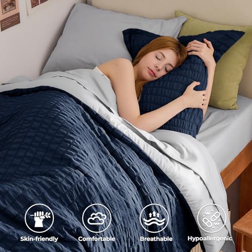 Image of HYMOKEGE Navy Blue /Light Grey Twin Comforter Set Seersucker 5 Pieces, All Season Luxury Bed in a Bag for Bedroom, Bedding Set with Comforter, Sheets, Pillowcase & Sham