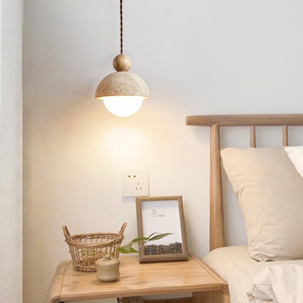 Huayusedf One Color 9.1" Japanese Travertine Stone Pendant Light With Log