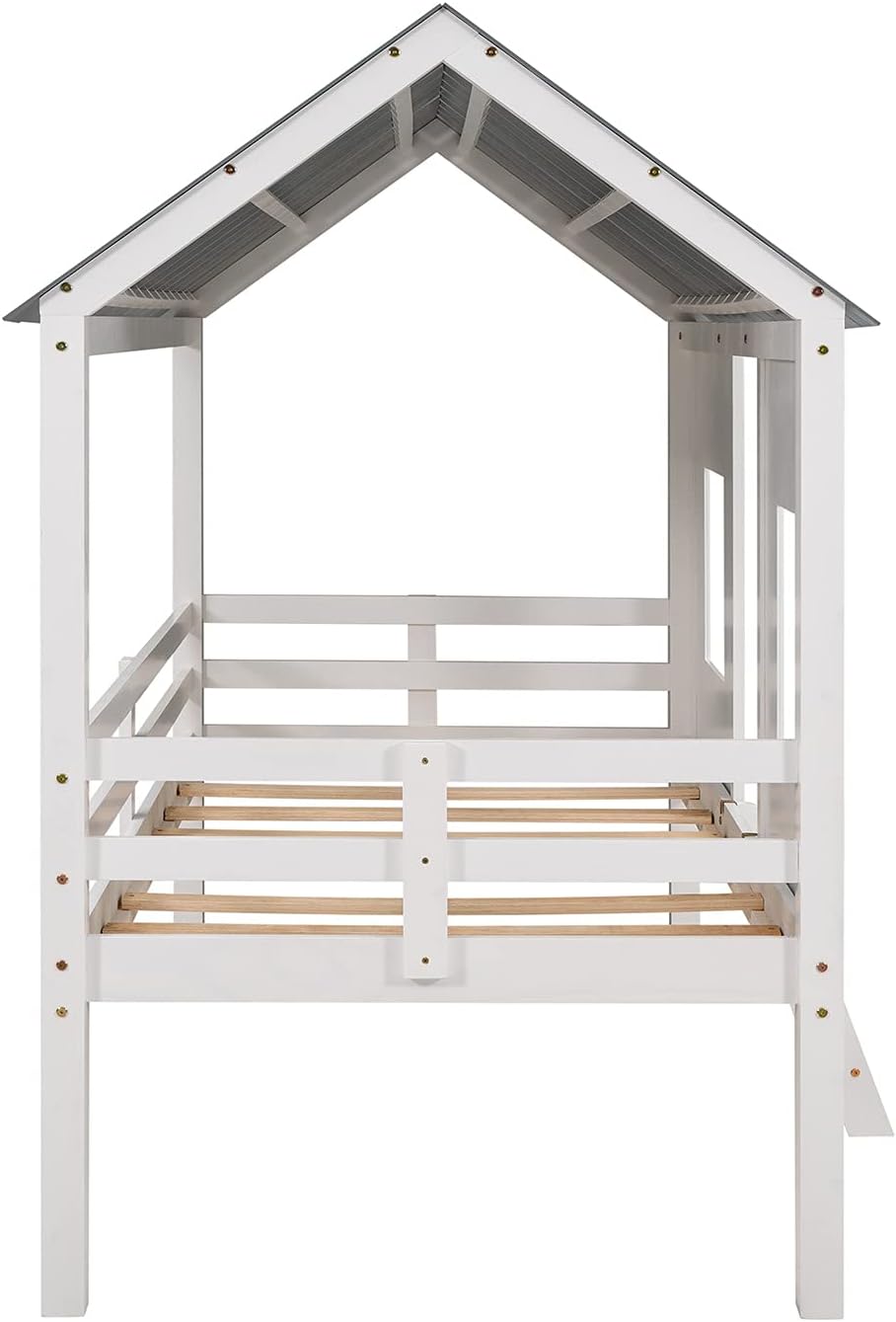 Twin Size Low Loft Bed with Storage and Roof, Twin House Loft Bed Frame with 2 Windows for Kids, Teens, Wood House Loft Bed with Inclined Ladder, No Box Spring Needed, White