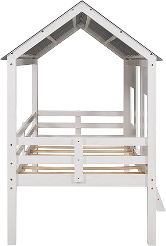 Miniatura 6 de Merax Cama de casa de madera de tamaño individual marcos de cama bajos con dos ventanas frontales y techo para niñas y niños blanco techo gris
