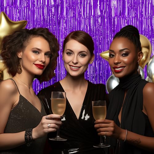 Image of DECOCKRAT 3 Pack Foil Fringe Backdrop - Purple Shiny Tinsel Curtains for Party Decoration /Photo Booth Props - 3.3x8.2 FT Metallic Foil Backdrop for Birthday, Wedding, Graduation, Christmas.