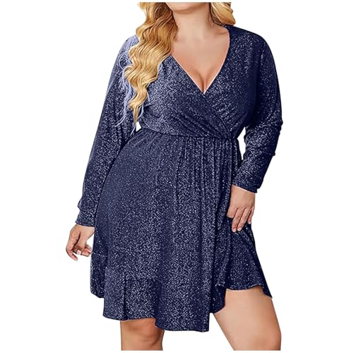 Ninedayx Vestido de lentejuelas para verano, elegante, con cintura definida, versátil, de manga larga, con volantes, cómodo, cuello en V, vestido corto, elegante vestido de graduación, regalos