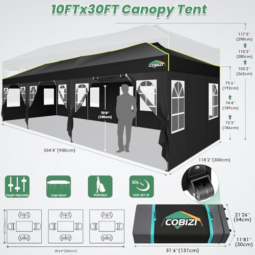 Image of COBIZI 10x30 Pop Up Canopy Tent with 8 Removable Sidewalls, Outdoor, Black