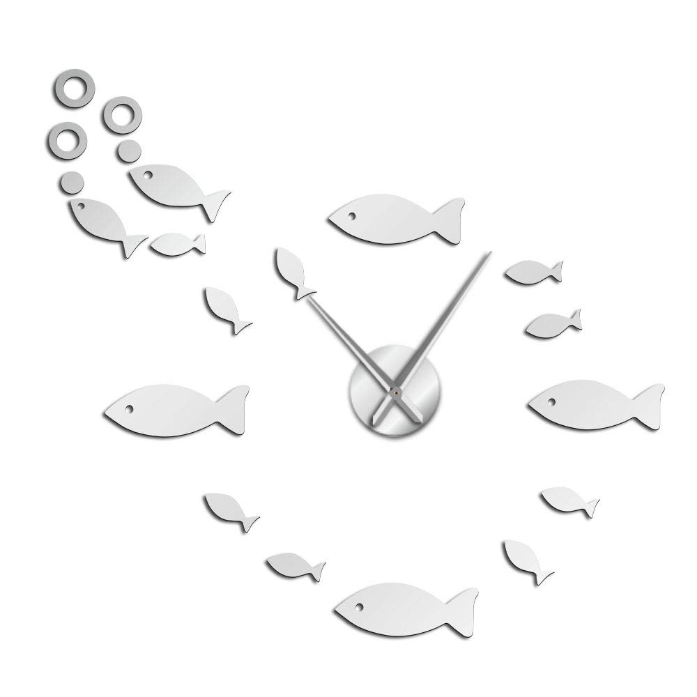 Vcs Silver Fish With Bubble Diy Giant Wall Clock Mirror Effect Wall Art Home Decor Aquarium Decoration Frameless Big Needle Clock(,47Inch)