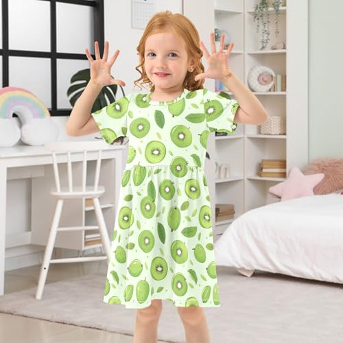 Girls' Short-Sleeve Dress Green Kiwi Fruit Leaf Summer A-Line Swing Cute Sundress 2-8T3