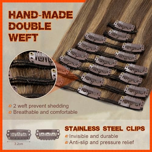 Image of Benehair Human Hair Clip in Extensions Balayage Medium Brown Mix Dark Blonde Highlight Hair Extensions for Women Long Straight Remy Natural Full Head 8pcs 8inch No Tape No Glue #4P27