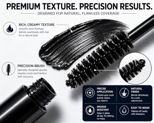 Image of Quick Hair Root Touch-Up Mascara for Grey Hair, Beard & Mustache | Instant Temporary Hair Color | Precision Mascara Brush | Smudge Resistant Formula | Easy Washable Root Cover Up | Black
