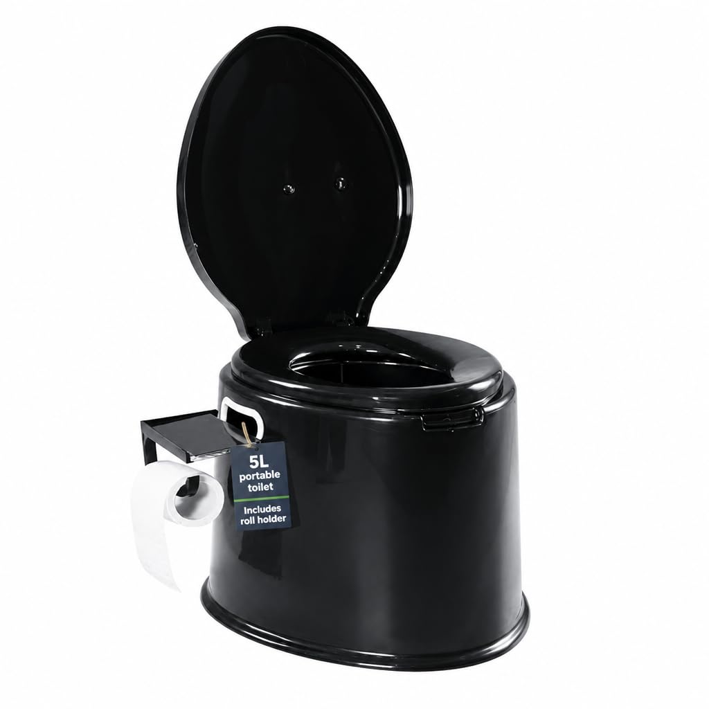 CMY Lightweight and Portable 5L Camping Toilet with Seat, Lid, Handles and Roll Holder – 3 Colours- Compact Waste for Indoor and Outdoor Loo Caravan Picnic and Festivals (Black)
