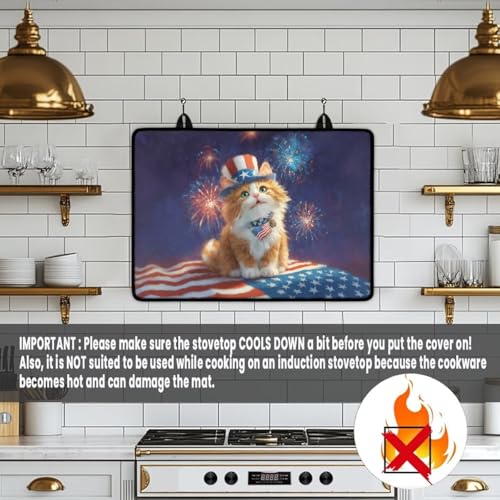 Image of Poceacles Stove Top Cover for Ceramic Glass Stove Cover America 250th Anniversary Decor Oven Cooktop Mat Protector for 4th of July, Cartoon Cat American Flag Fireworks Print