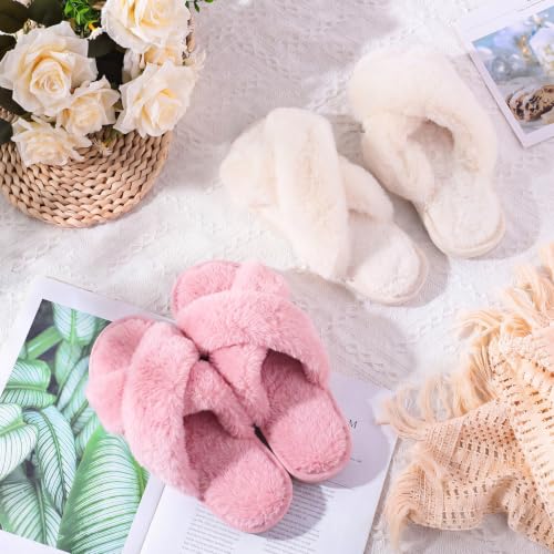 Image of 12 Pairs Women's Fuzzy Slippers Cross Band Open Toe Bridesmaid Fluffy Comfy House Slippers for Indoor Outdoor Wedding