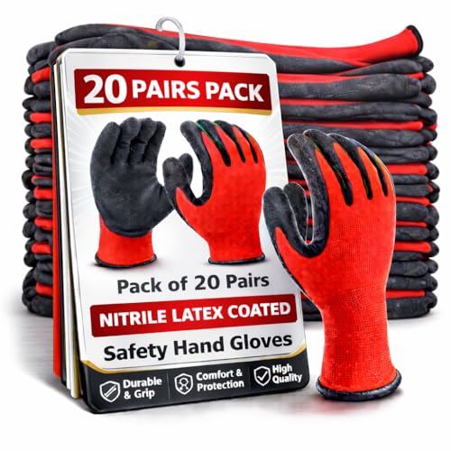 Image of Latex Coated Safety Hand Gloves for Industrial, Mechanical, Gardening, Construction & Multi-Purpose Use - Anti-Slip, Durable & Reusable - Pack of 20 Pairs, Red-Black (Latex Coated)