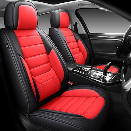 Image of MINGBRON Car Seat Covers Full Set,Black White Car Seat Cover, Car Seat Protector Waterproof, Nappa Leather Car Seat Cushion Fit for Most Cars Red