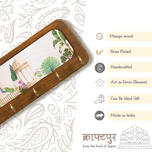 Image of Stylish Wooden Key Holder for Wall | Cute Key Holder for Home Decor | Key Holder Stand with 5 Hooks | Wall Mounted Key Hanger| (Peacock Garden Keyholder)